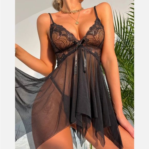 Women Sexy Lingerie Lace Mesh Bow Slips Babydoll Sleepwear Dress With Thong US - Picture 2 of 5